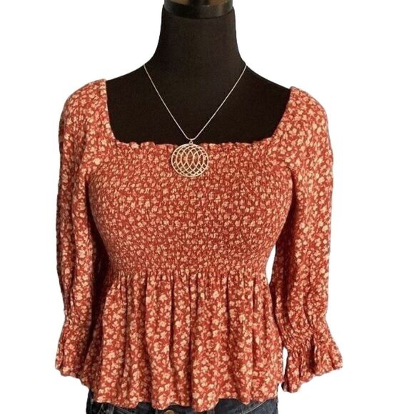 American Eagle Smocked Square Neck Peplum Blouse Size XS - Picture 2 of 10